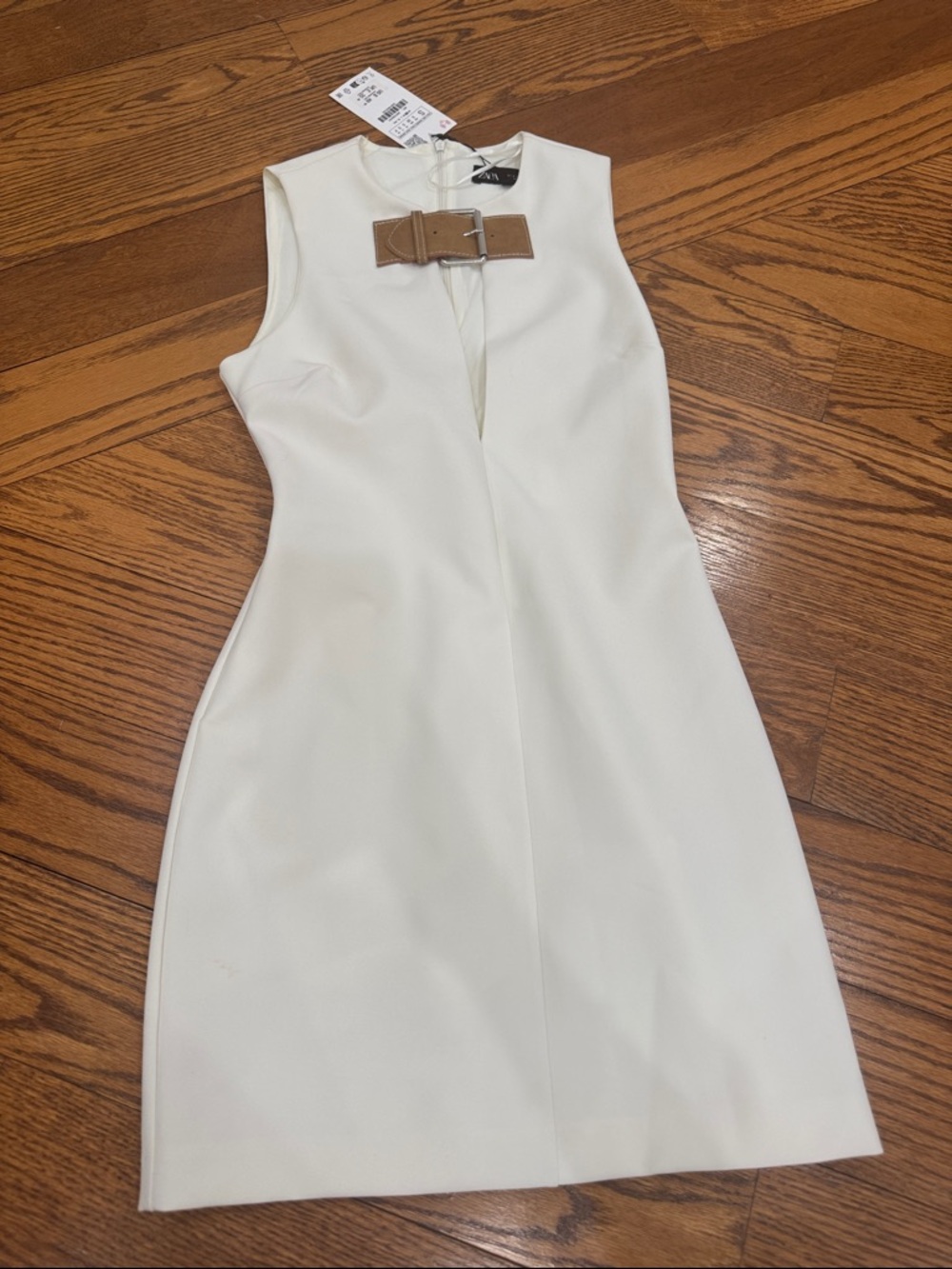 Zara White Sleeveless Mini Dress with Tan Buckle Detail